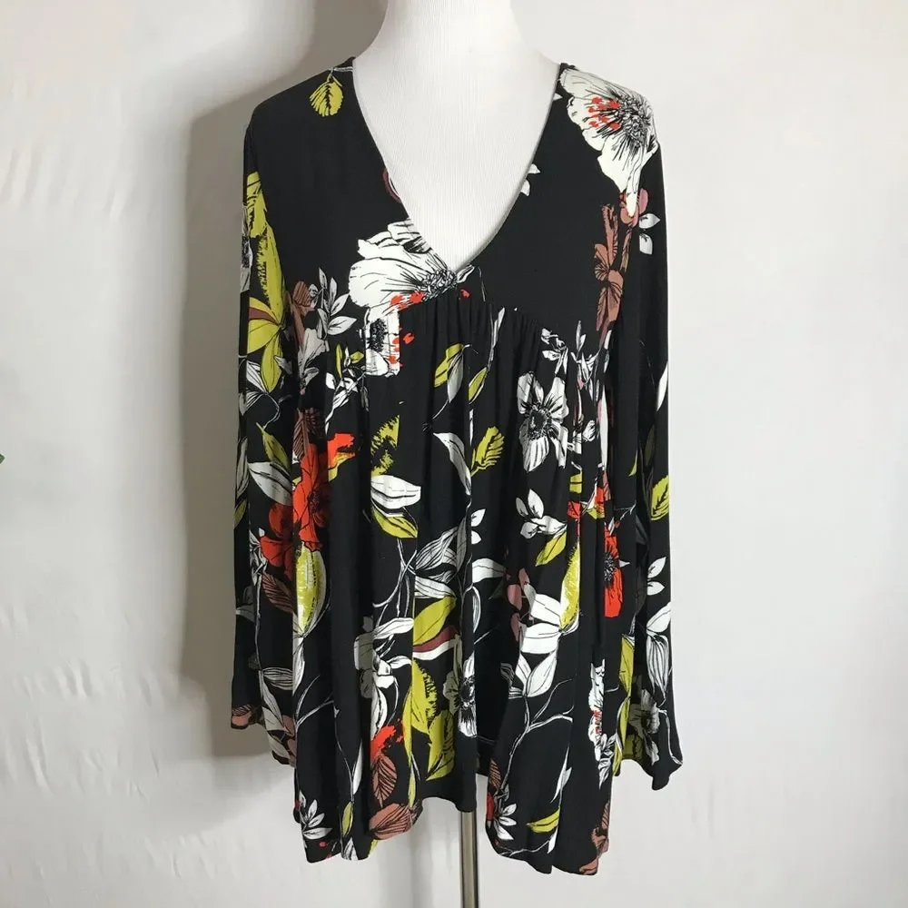 Free People Bella Black Red Green Floral Tunic Long Bell Sleeves Small